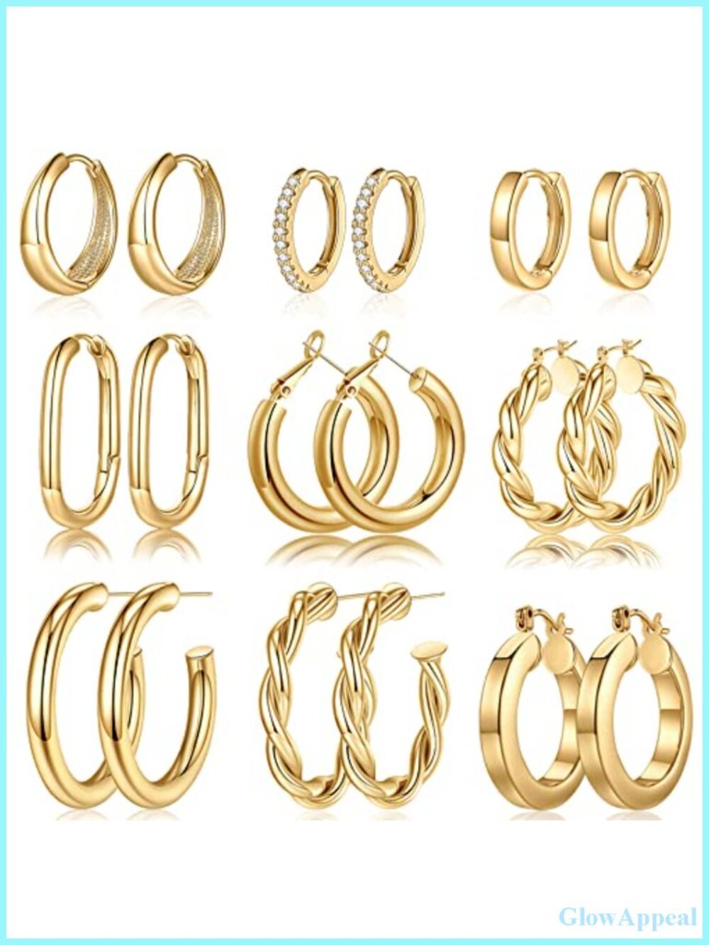 9 Pairs 14K Gold Plated Chunky Hoop Earrings Set for Women Hypoallergenic